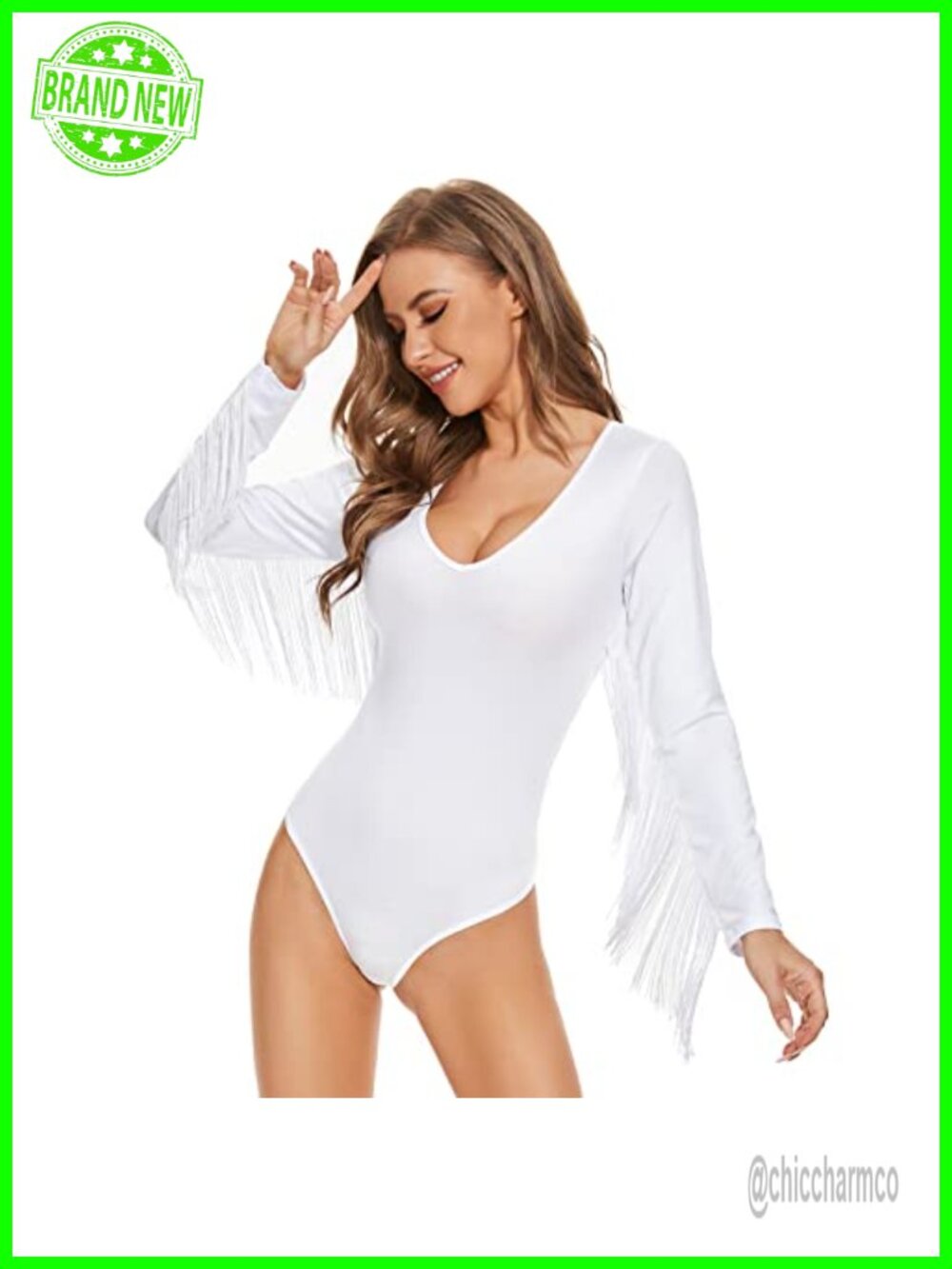 Fringe Trim V Neck Long Sleeve Bodysuit